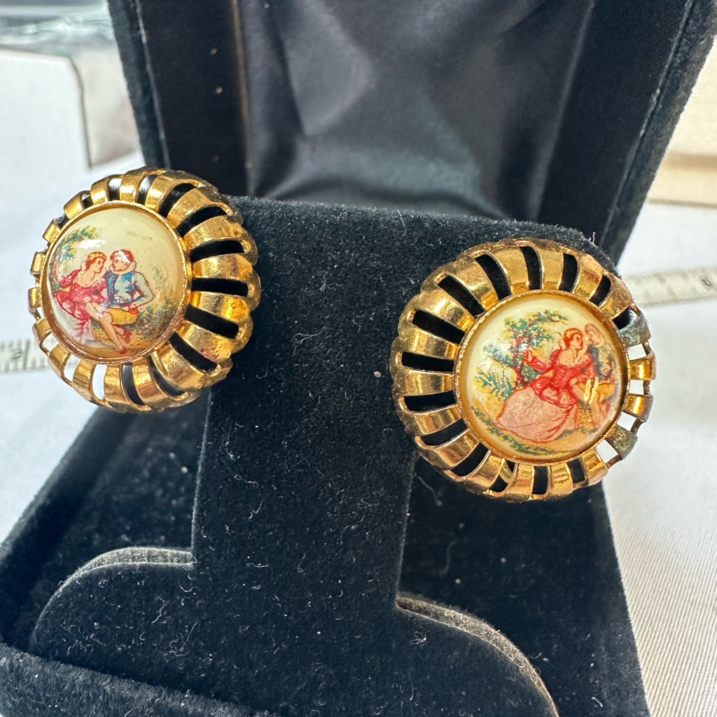 Vintage Courting Couple Limoges Style Earrings